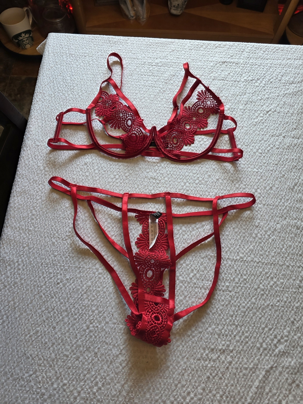 Yandy Red Lace Strappy Bra & Garter Thong Setl /xl